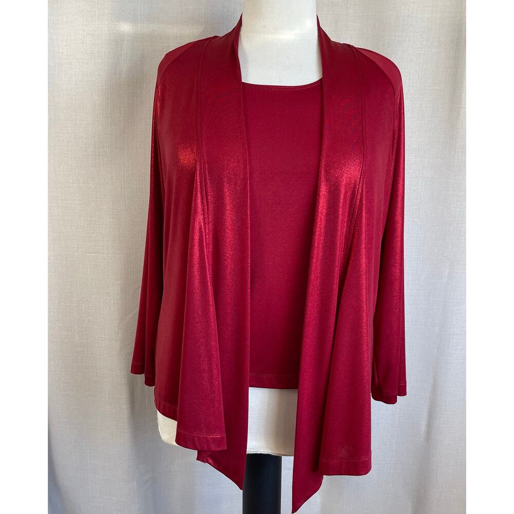 2PC Chico’s Travelers Slinky Red Tank Top Open Front Cardigan Topper XL 14-16 - Picture 2 of 7